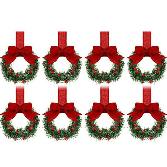 8pcs Mini Christmas Wreath with Red Berries & Ribbon - Small Decor for Kitchen Windows, Doors, Cabinets, Festive Holiday Accent, Durable Material, Adds Cute Ambiance to Christmas Setup, 21.7*5.12in