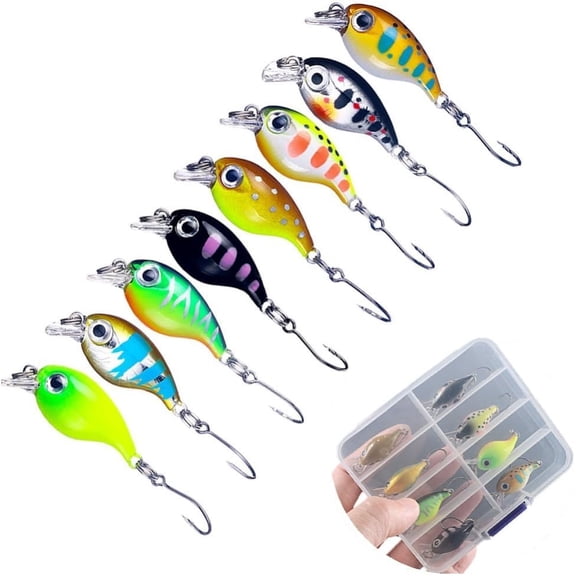 8pcs Mini Crankbait Fishing Lures Kits, Crankbaits Set with Storage Box, Mini Wobbler Hard Baits with Single Hook for Bass Trout Pike, Topwater Lures Kit for Freshwater Saltwater 1 Set