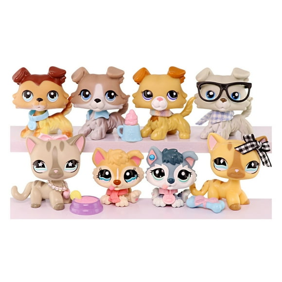 8pcs Mini Pet Set,Collie Shorthair Cat #468 #886 Baby Husky with DIY Accessories,Little Pet Toys Cartoon Animal Figures
