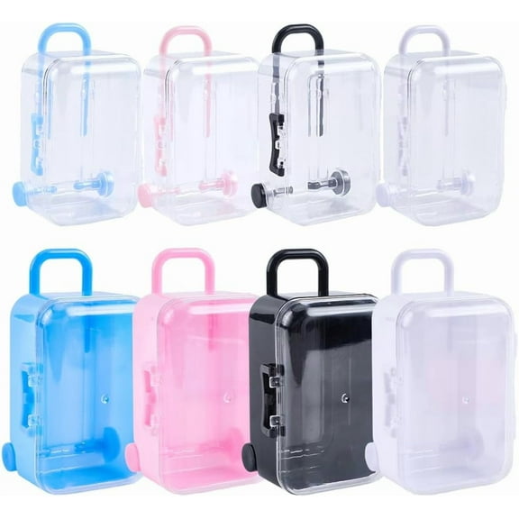 8pcs Mini Suitcase Plastic Candy Box Tiny Travel Luggage Jewelry Eyelash Rolling Trolley Case Accessories Trunk Small Purse Handbag Luggage Gift Storage Box for Wedding Party Decor Colorful
