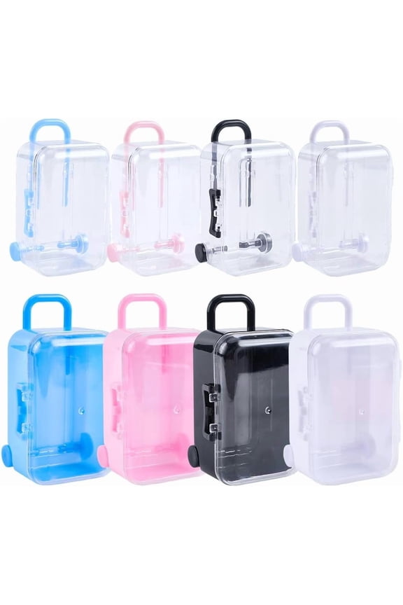 8pcs Mini Suitcase Plastic Candy Box Tiny Travel Luggage Jewelry Eyelash Rolling Trolley Case Accessories Trunk Small Purse Handbag Luggage Gift Storage Box