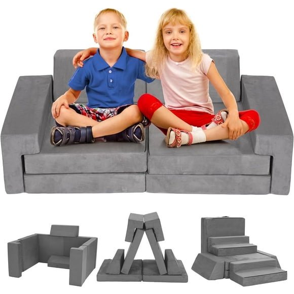 8pcs Modular Kids Play Couch,DIY Creativing Kids Explorer Floor Sofa , Versatile Convertible Foam and Floor Cushion for Toddlers Boys and Girls, Gray