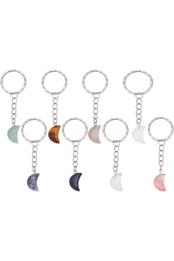 8pcs Moon Shape Keychain Pendants Natural Gemstone Keychains Quartz Keyrings Mini Gemstone Keyrings DIY