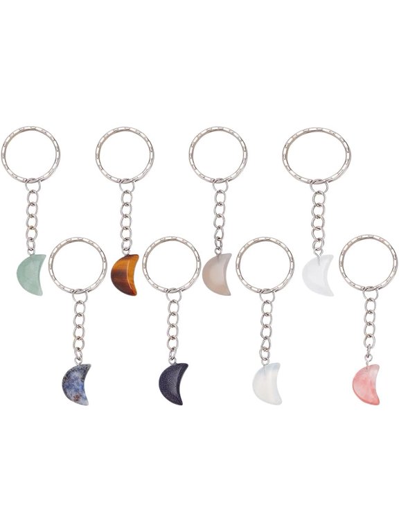 8pcs Moon Shape Keychain Pendants Natural Gemstone Keychains Quartz Keyrings Mini Gemstone Keyrings for Women Men Mother's Day Car Key Bag Decoration