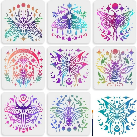 8pcs Moth Moon Phase Stencil 11.811.8inch Large Magic Moth Butterfly Stencil with Paint Brush Fantastic Moon Plant Leaves Template for Crafts Wood Wall Fabric Paper Wall Furniture for diy