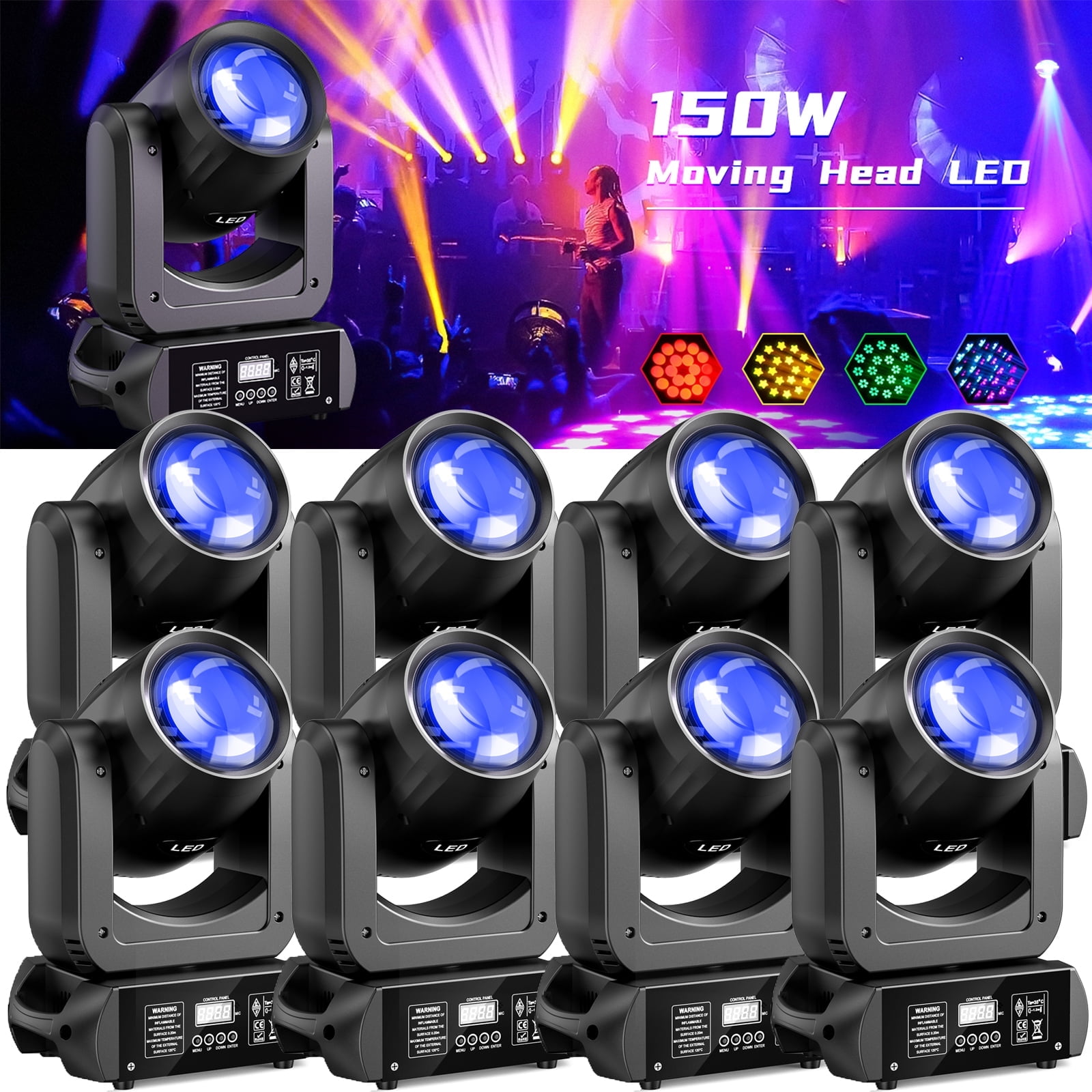 8pcs Moving Head Lights,150W 8 GOBO 8 Colours Rotating Head Beam