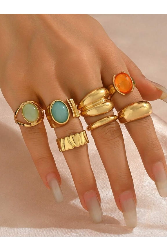 8pcs Multicolor Vintage Bohemian Stackable Rings Set With Goldtone Bands And Pastel Gemstone Accents