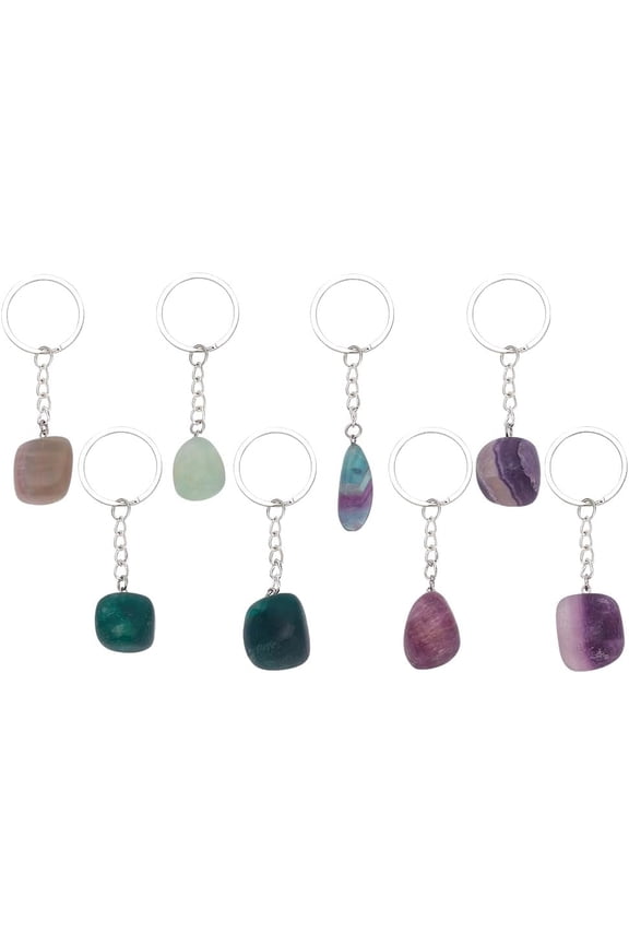 8pcs Natural Fluorite Keychain Pendants Gemstone keyrings Beads Keychains Tumbled Stone Charms for Women Men Car Key Handbag Purse Gifts Backpacks Earphone Party Favors