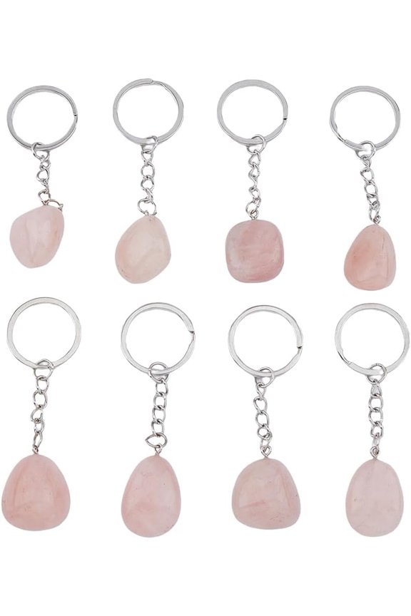 8pcs Natural Quartz Keychain Irregulate Rose Quartz Keyring with Iron Ring 85~100mm Keyring with StInspirational Stone Charms Gemstone Keychain set for Purse Handbag Decor