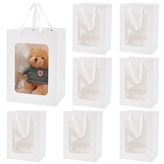 8pcs Paper Visible Window Gift Bags with Rope Handles Portable Paper Tote Shopping Bags Rectangle White 35x25x0.3cm