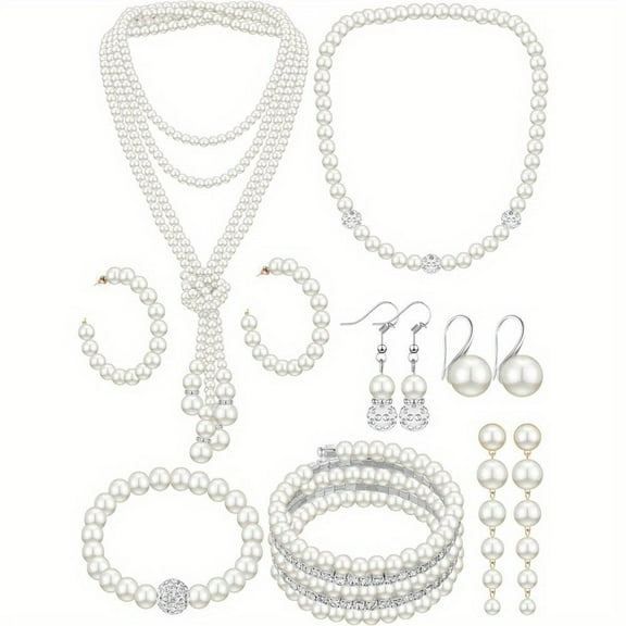 8pcs Pearl Necklace and Earrings Set for Women Pearl Bracelets Costume Jewelry Set for Wedding Bridal Halloween Party