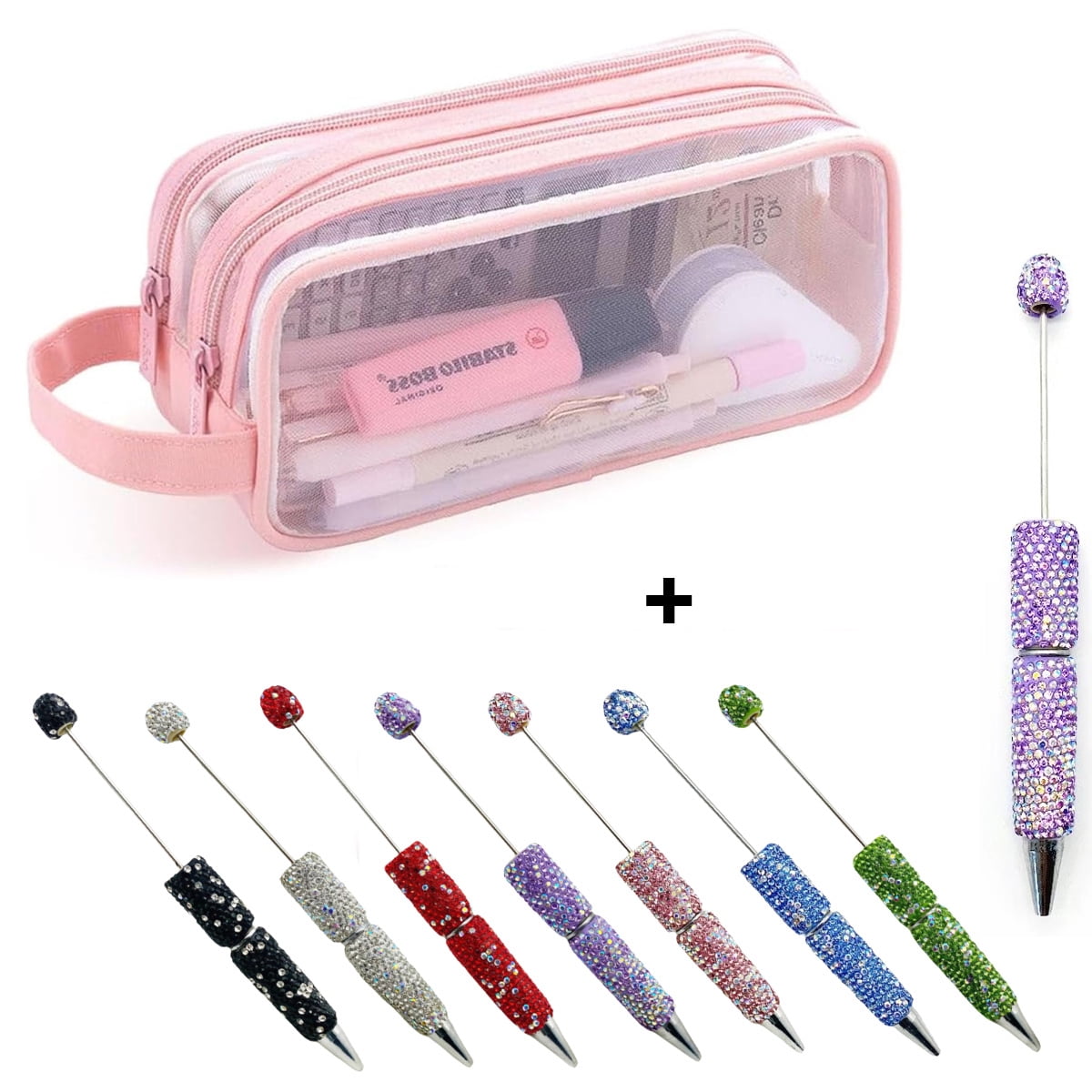 8pcs Pencil Case and Pens Set, 1 Large-capacity Mesh Pencil Case and 7pcs Glitter Rhinestone Beadable Pens Bulk Set, Clear Pen Pouch with Zipper and Handle, Multifunctional Stationery Bag and Pen Set