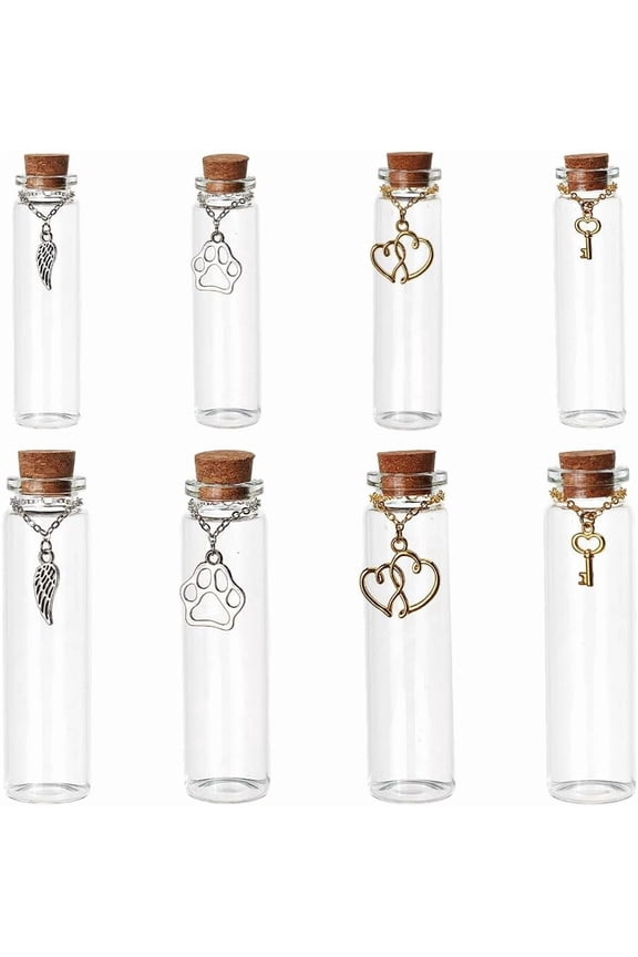 8pcs Pet Hair Glass Memorial Jar Glass Tube Wishing Bottle with Heart Pendants and Cork Stopper Dog Cat Keepsake Memorial Urn Pet Remembrance Gift Sympathy Glass Vial for DIY