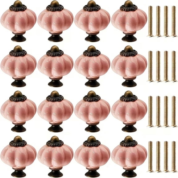 8pcs Pink Ceramic Pumpkin Cabinet Knobs - Retro Drawer Handles with Durable Zinc Alloy Base for Home Decor