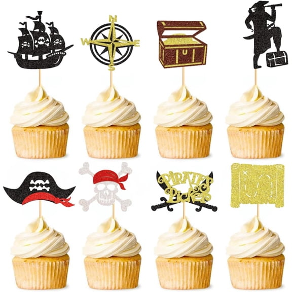 8pcs Pirate Themed Cupcake Toppers (Multicolor Glitter), Pirate Ship, Treasure, Compass Party Picks