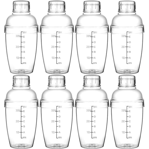 8pcs Plastic Cocktail Shaker with Scale & Strainer Top Hand Drink Mixer Boba Tea Shaker Cup Wine Mixer Bottle Transparent Bar Mixing Tool Cocktail Tea Measuring Jigger for Bar Party Home Bubble Milk