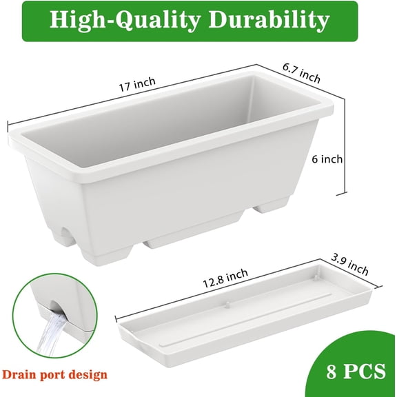 8pcs Rectangle Window Boxes Planters - 17 Inches Long Light Grey Plastic Planter Box with Drainage Holes for Garden Windowsill