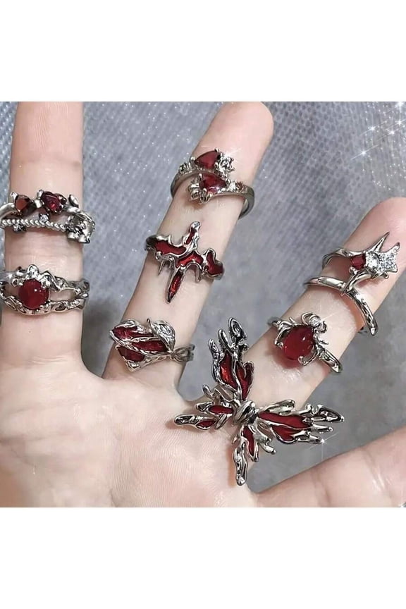 8pcs Red Faux Crystal Gothic Ring Set, Y2K Punk Spider & Butterfly Rings, Creative Party Jewelry For Adults