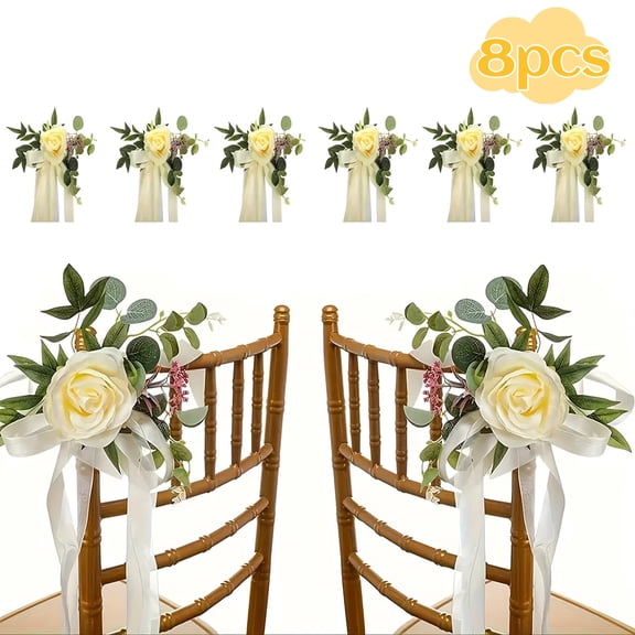 8pcs Romantic Rose Floral Chair Decorations with Leaves and Ribbons - Beautiful Aisle Pew Flowers for Weddings, Receptions, and Parties