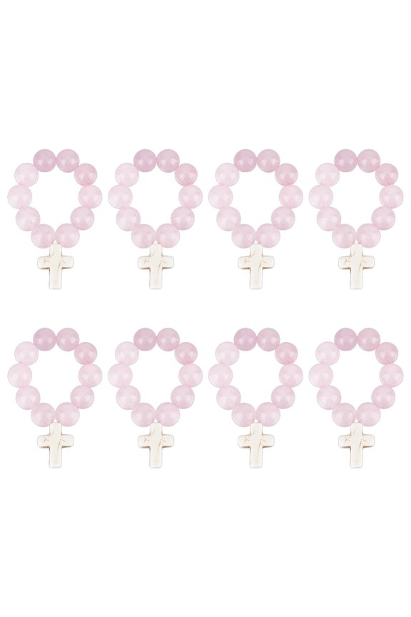 8pcs Rose Quartz Rosary Beads with Pendant 0.4 Inch Natural Stone Rosary Beads with Cord Round Dyed Rosary Beads for Women Men Baptism Communion Confirmation