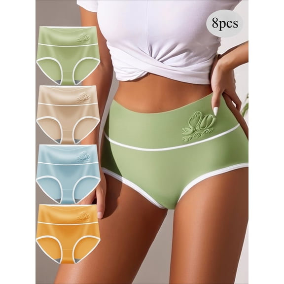 8pcs SZG Women'S Simple Breathable Knit Fabric High Waist Brief Panties, 3D Printed Triangle, Elastic, Animal Pattern