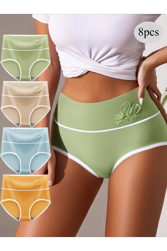 8pcs SZG Women'S Simple Breathable Knit Fabric High Waist Brief Panties, 3D Printed Triangle, Elastic, Animal Pattern