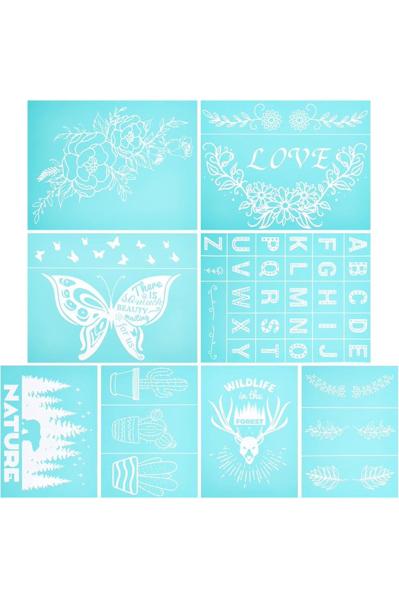 8pcs Self-Adhesive Silk Screen Printing Stencil Animal Plant Alphabet Theme Reusable Pattern Stencils for Painting on Wood Fabric T-Shirt Wall and Home Decorations-11x 8.5Inch Blue DIY