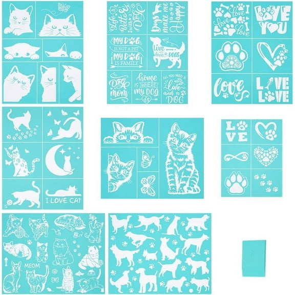 8pcs Self-Adhesive Silk Screen Printing Stencil Animal Theme Silk Screen Stencil Dog Cat Stencils Paw Print Reusable Mesh Transfer with 1pc Scraper for Painting on Wood DIY T-Shirt Fabric