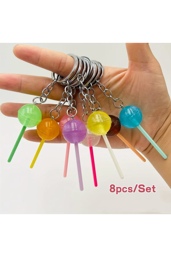 8pcs/Set Glow-in-the-dark Resin Lollipop Keychain Simulation Candy Color Key Chain Ring Bag Backpack Charm Car Key Pendant Friends Gift