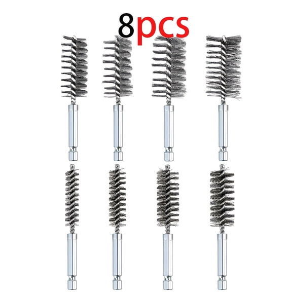 8pcs Set Stainless Steel Wire Tube Brush Steel Wire Hole Brush Deburring Screw Thread Rust Removal,1/4" Hex Shank Multi-Specification Set,for Dust Removal,Rust Removal,Corrosion Removal And Polishing
