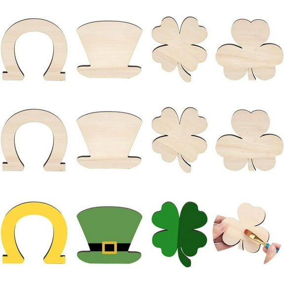 8pcs Shamrock Wooden Cutouts Unfinished Wood Shamrock Clover Cutouts Shamrock/Horseshoe/Four Clover/Hat Ornaments for DIY Craft Art Painting Tree Table St. Patrick's Day Decoration Old Lace DIY