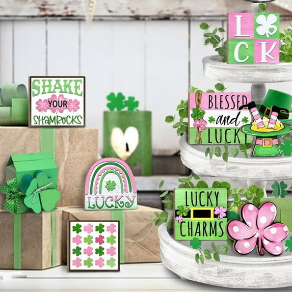 8pcs St. Patrick's Day Spring Tiered Tray Decor Set, Irish Wooden Signs - Farmhouse Table Windowsill Fireplace Decorations