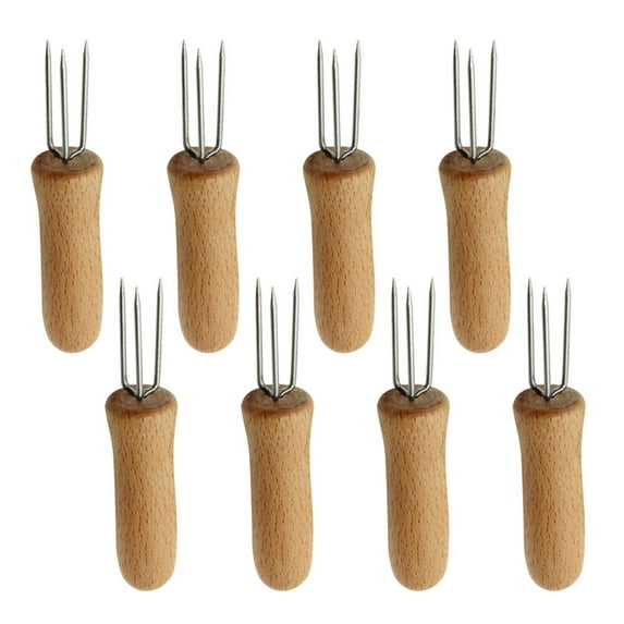 8pcs Stainless Steel Corn Cob Holder Wooden Handle Grilling Fork Portable Fruit Forks Barbecue Accessories