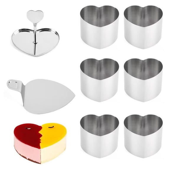 8pcs Stainless Steel Heart Cake Mold Set, 3 Inch 6 Baking Rings with 1 Press Plate & 1 Base, Reusable Dessert Molds for Mousse Cheesecake Tiramisu, Professional Baking Supplies Gift