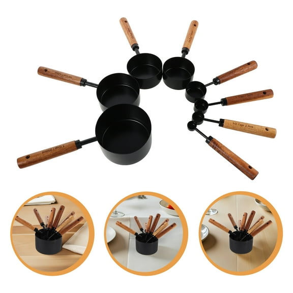 ETEREAUTY 8Pcs Stainless Steel Measuring Cups with Wood Handle Black for Home Kitchen Baking