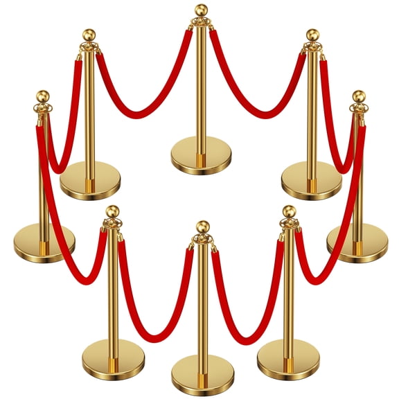 8pcs Sturdy Gold Stanchion Posts and 8pcs High Quality Red Carpet Velvet Ropes, Water/Sand/Concrete Fillable Leakproof Base, Crowd Control Barriers for Birthday, Prom, Business, Wedding