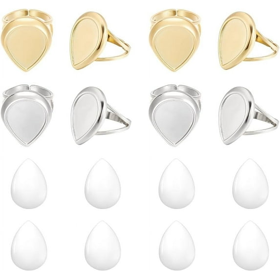 8pcs Teardrop Stainless Steel Open Cuff Ring 2 Colors Open Blank Finger Ring Tray with Glass Cabochons Metal Base Bezel Pad Cabochon Ring Settings for Jewelry Making