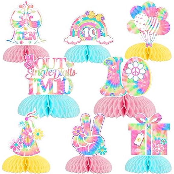 8pcs Tie Dye 10th Honeycomb Centerpieces Peace Out im 10 Decorations Double-Sided Table Decorations for Rainbow Tie Dye Hippie Theme 10th Birthday Party Decorations