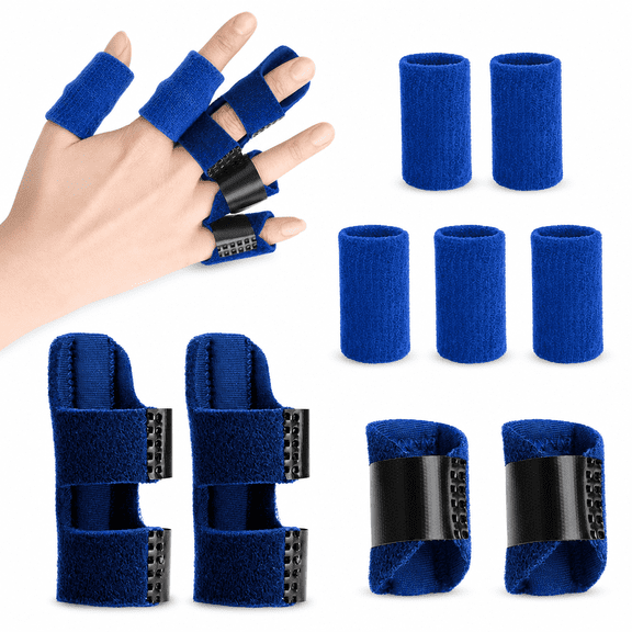 8pcs Trigger Finger Splints and 10pcs Finger Sleeves 2 Sizes Pain Relief Finger Stabilizer Brace Blue