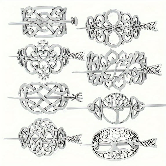 8pcs Viking Celtic Hair Clips Vintage Celtic Knot Hairpins Retro Silver Metal Celtic Hair Clips Hairpins Viking Jewelry Women Hair Accessories