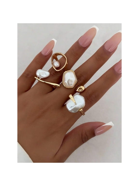 8pcs Vintage Baroque-Style Asymmetric Hollow Stackable Ring Set With Faux Pearls In Multicolor