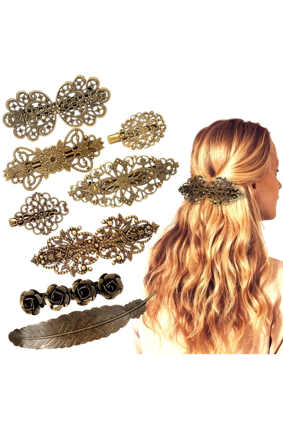 8pcs Vintage Metal Hair Clips,Retro French Hair Barrettes for Women and Girls,Bronze Hair Pins in Different Patterns
