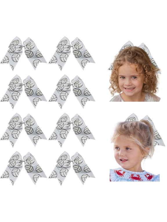 8pcs Volleyball Hair Bows for Girls JoyBowie 8inch Glitter Grosgrain Ribbon Sports Bow with Elastic Band Ponytail Holder for Cheer Team Game Day