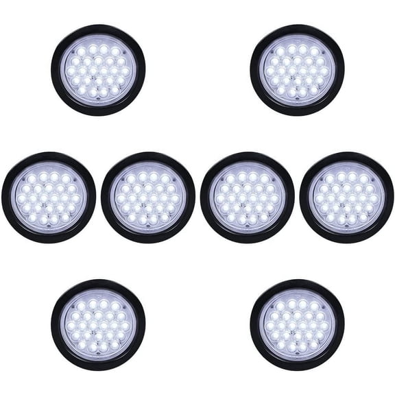 8pcs WHITE 24-LED 4" Round Backup Reverse Running Tail Light + Grommet Plug Wiring Kit Truck Trailer UTE UTV