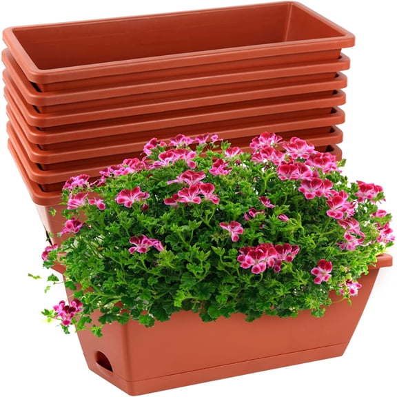 8pcs Window Box Planter,17 Inches Flower Boxes, Rectangle Planters with Drainage Holes and Trays, Plastic Vegetable for Windowsill Patio Garden Home Decor Porch Yard (Red)