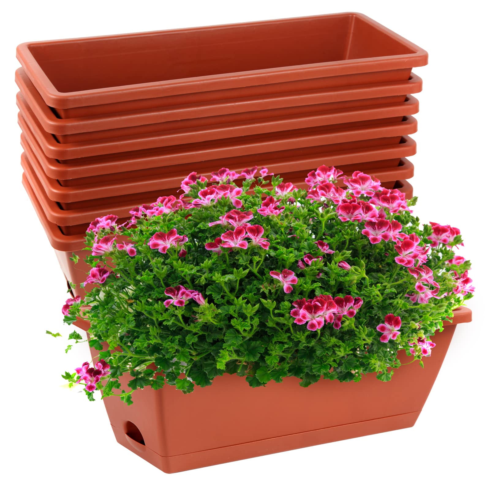 8pcs Window Box Planter, 17 Inches Flower Window Boxes, Rectangle Planters Box with Drainage Holes and Trays, Plastic Vegetable Planters for Windowsill Patio Garden Home Decor Porch Yard (Grey)