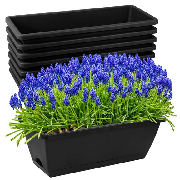 8pcs Window Box Planter, 17 Inches Flower Window Boxes, Rectangle Planters Box with Drainage Holes and Trays, Plastic Vegetable Planters for Windowsill Patio Garden Home Decor Porch Yard (Grey)