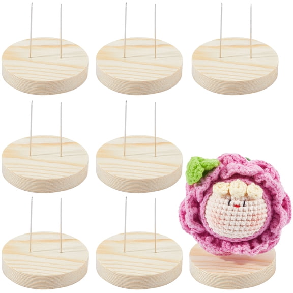 8pcs Wood Crochet Base Display Rack with Iron Pin Plush Display Base Wooden Support Stand Flat Round White 4.9x0.95cm Pin: 4x0.1cm