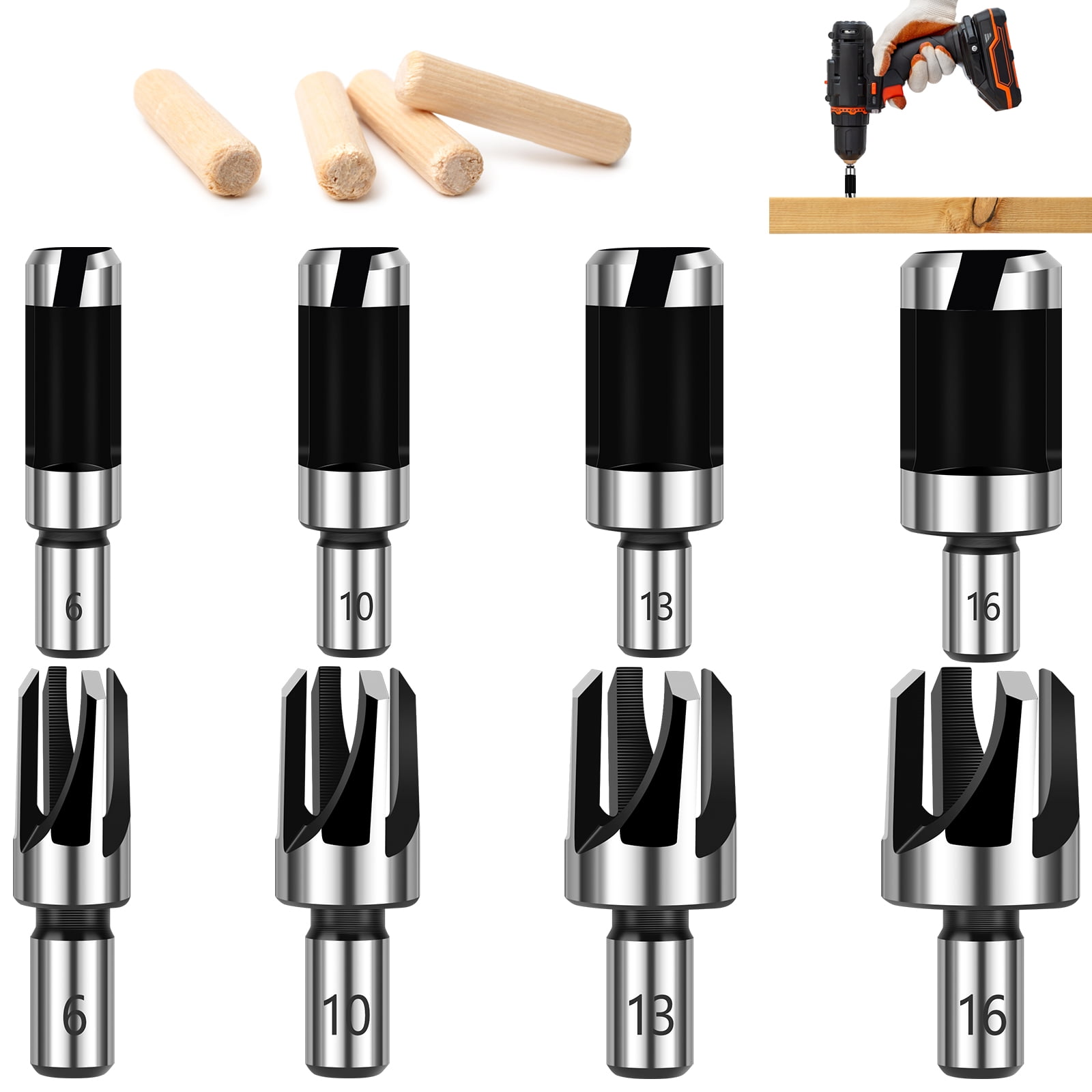 8pcs Wood Dowel Drill Bits Standard Dowel Cutters Set Four Flute Dowel Hole Cutter Round Shank