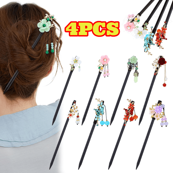 8pcs Wooden Hair Sticks, Chinese Wood Hair Pins with Tassel Pendants, Crystal Beads Flower Long Hair Chopstick Picks With Charm for Twist Bun Holder Fork Hair Slides Hair Accessories for Women